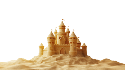  Close-up of sand castle at the beach, isolated on yellow background. Copy space image for text, isolated on free png background. Enjoying outdoor or real estate concept.