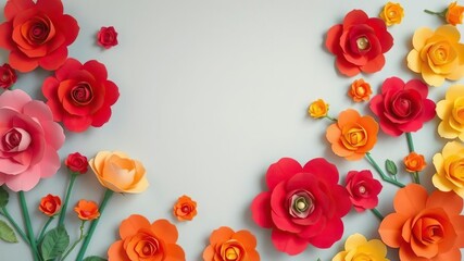 Backdrop of colorful paper roses in various shades of red, pink, orange, and yellow, background, paper