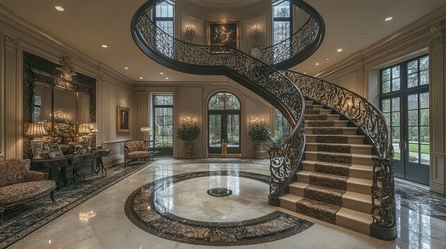Double spiral staircase with intricate iron railings and marble flooring like a carpet - Powered by Adobe