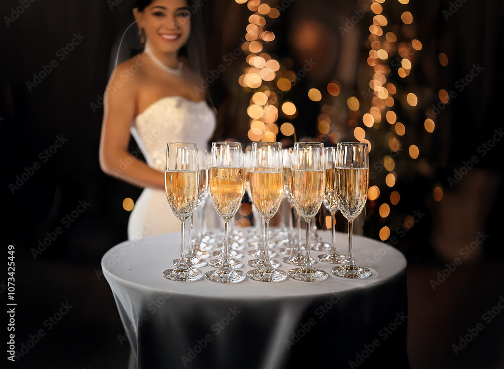 Poster a bride smiles in the background as a table filled with champagne flutes awaits guests.