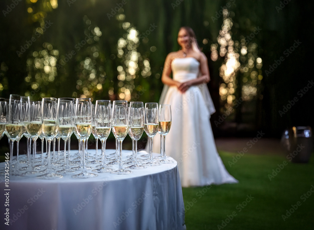 Poster A table set for a wedding reception with champagne flutes and a bride in the background.