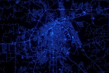 Street map of Shreveport (Louisiana, USA) made with blue illumination and glow effect. Top view on roads network
