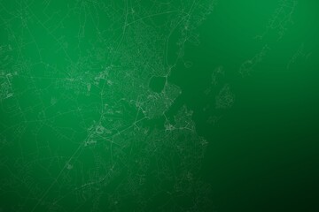 Map of the streets of Portland (Maine, USA) made with white lines on abstract green background lit by two lights. Top view. 3d render, illustration
