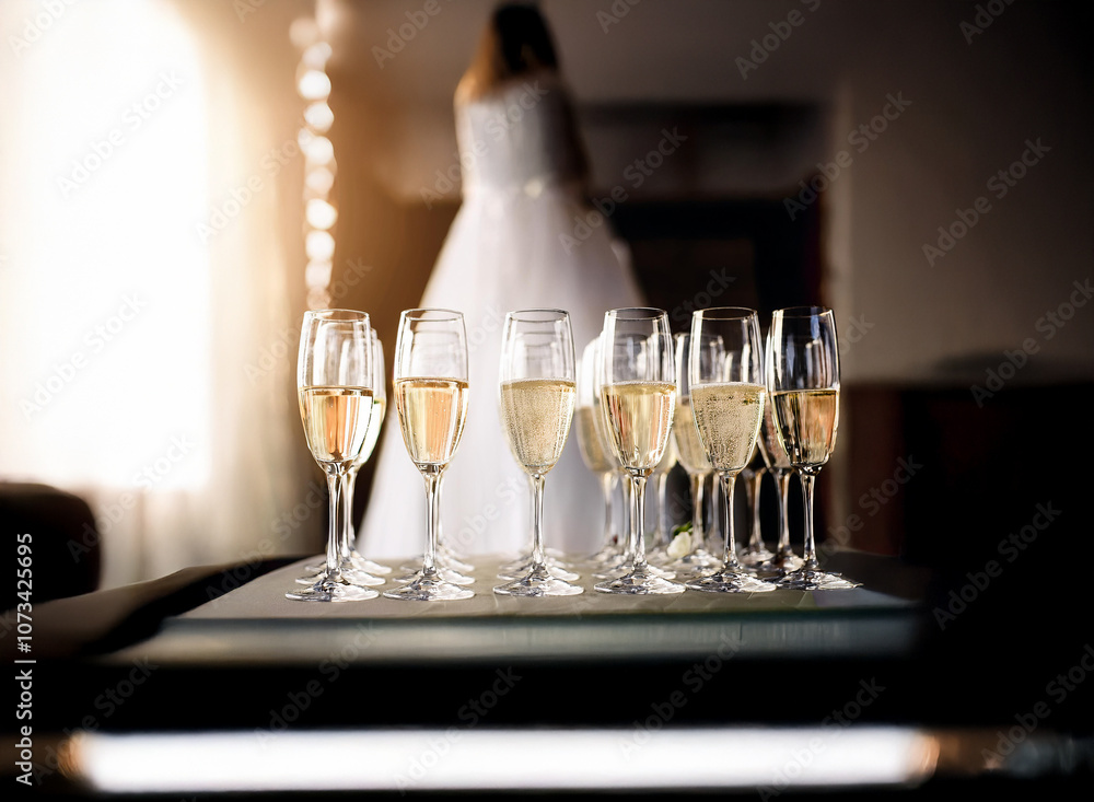 Poster a row of champagne flutes sit on a tray, a bride in a white gown stands out of focus in the backgrou