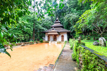 Background of religious tourist attractions on the high mountain on the way up to Doi Suthep,...