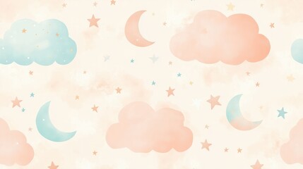 A whimsical seamless wallpaper with stars, moons, and clouds in soft pastel tones, creating a dreamy and calming atmosphere, perfect for bedrooms or relaxation spaces
