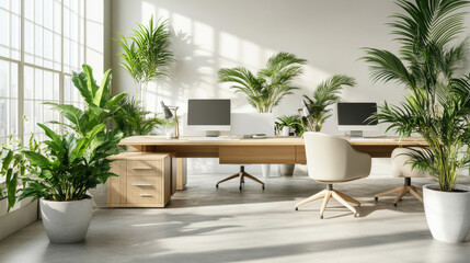 modern office space featuring large wooden desk, two computer monitors, and stylish chairs surrounded by lush green plants. bright, airy atmosphere promotes productivity and creativity
