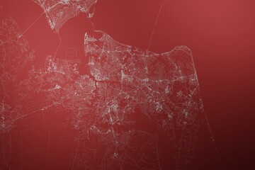 Map of the streets of Norfolk and Virginia Beach (Virginia, USA) made with white lines on abstract red background lit by two lights. Top view. 3d render, illustration