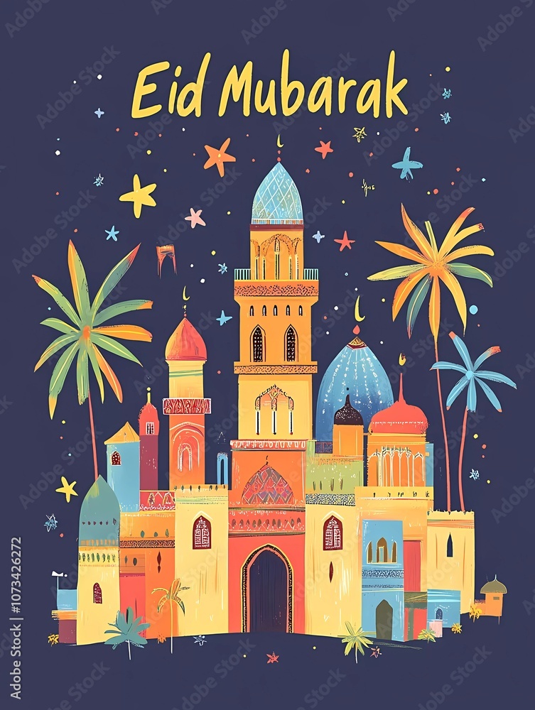 Fototapete eid mubarak! this is a vector illustration of a mosque in a flat color background with the text 