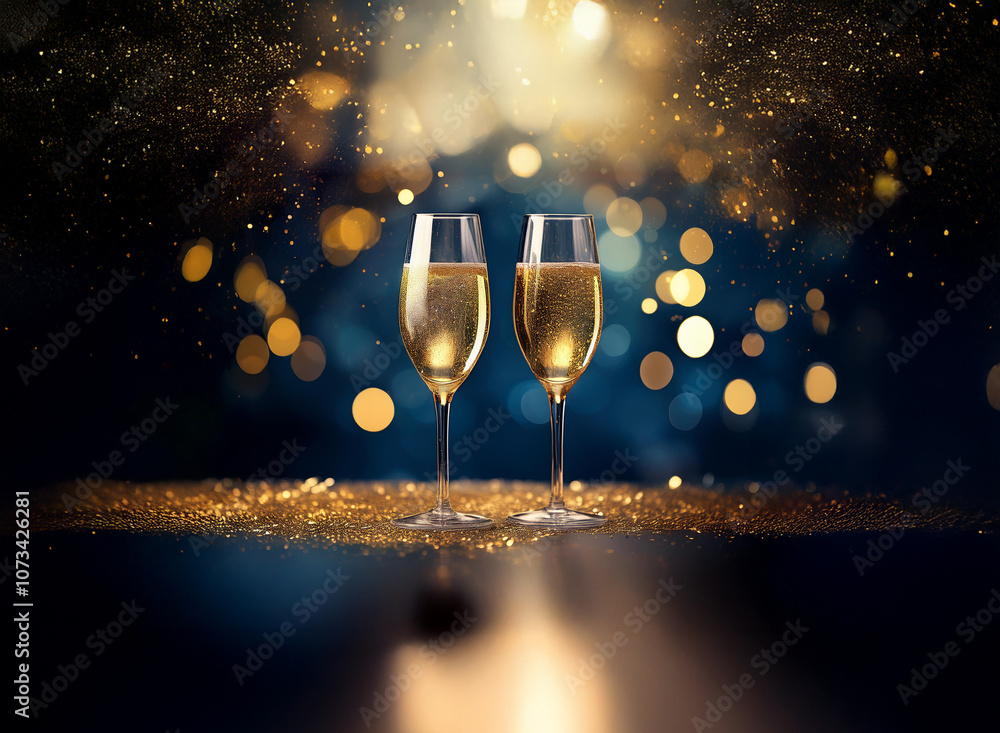 Poster two champagne flutes filled with bubbly stand on a glittering surface against a festive backdrop.