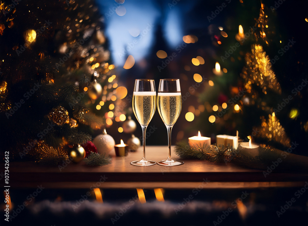 Poster two champagne flutes filled with bubbly sit on a table with candles and christmas tree branches in t