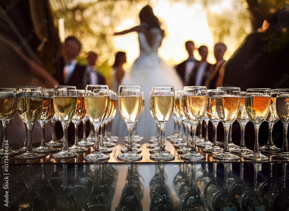 Poster a row of champagne flutes filled with bubbly sits in the foreground, with a bride and guests in the 