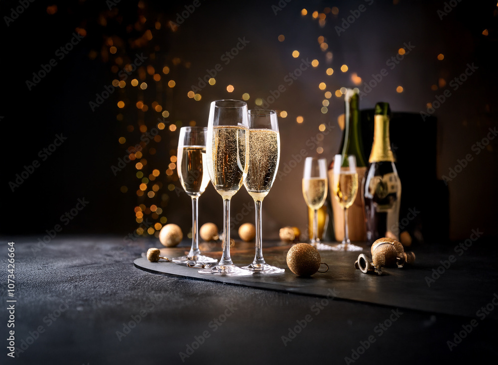 Poster a celebratory scene with champagne flutes and a bottle resting on a dark surface, sparkling lights i