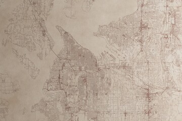 Map of Tacoma (Washington, USA) on an old vintage sheet of paper. Retro style grunge paper with light coming from right. 3d render