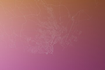 Map of the streets of Praia (Cape Verde) made with white lines on pinkish red gradient background. Top view. 3d render, illustration