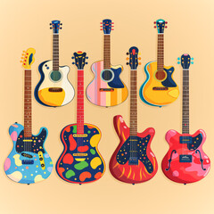 Naklejka premium A row of colorful guitars are displayed in a row