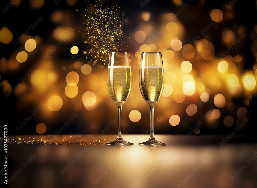 Poster Two champagne flutes filled to the brim with sparkling bubbly against a bokeh background.