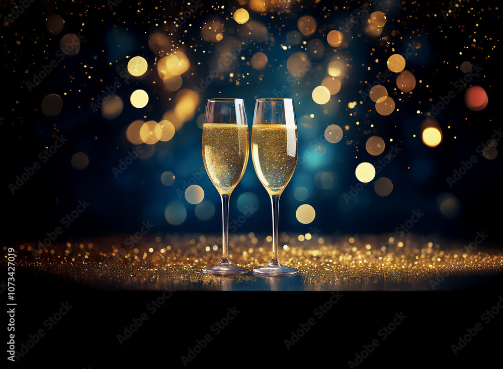 Poster two champagne flutes filled with bubbly on a table with gold glitter and a dark blue background with