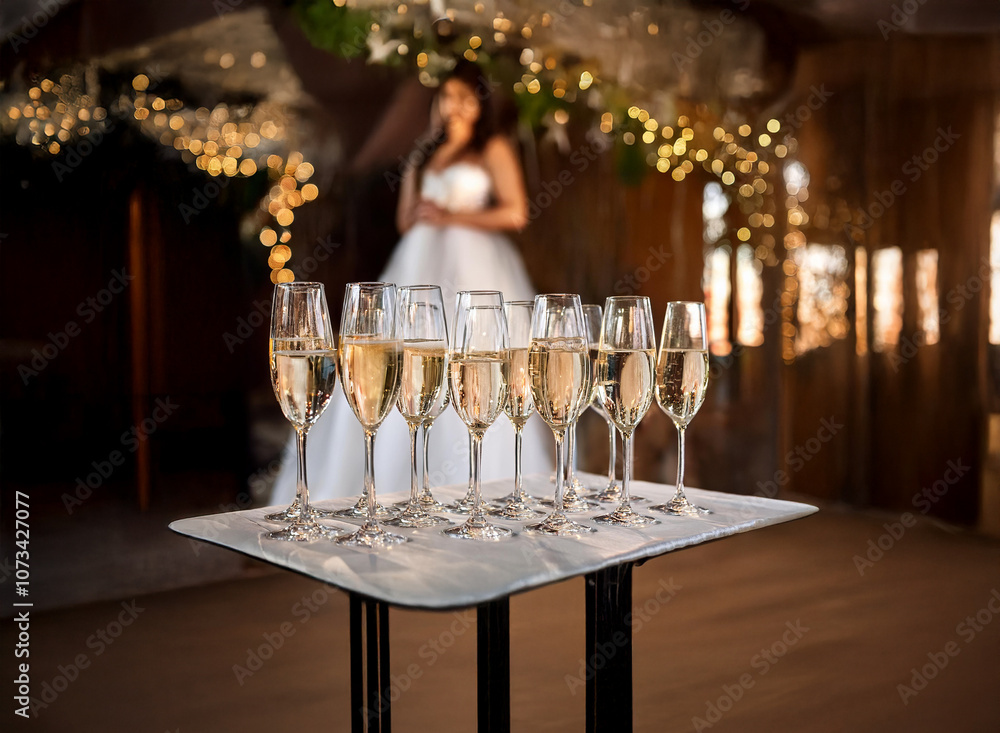 Poster a tray of champagne flutes is set up in front of a blurred image of a bride in a white dress.