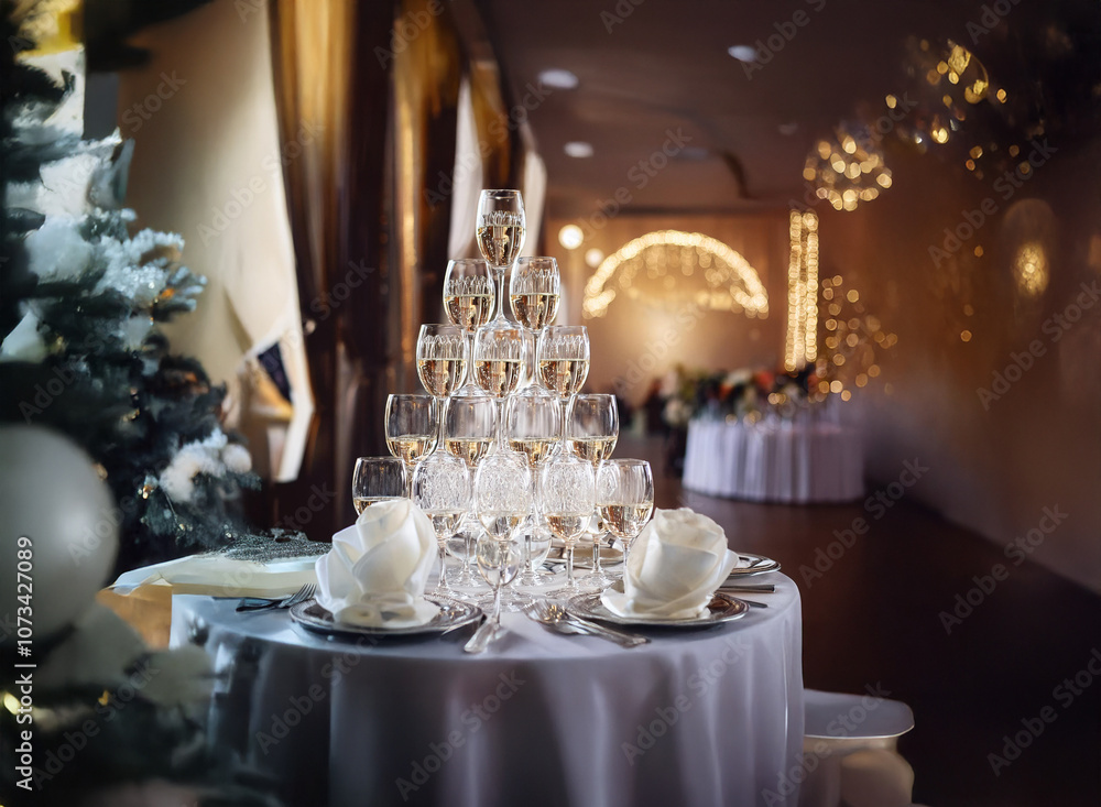 Poster a champagne pyramid sits on a table at a wedding reception. the pyramid is in the foreground with wh