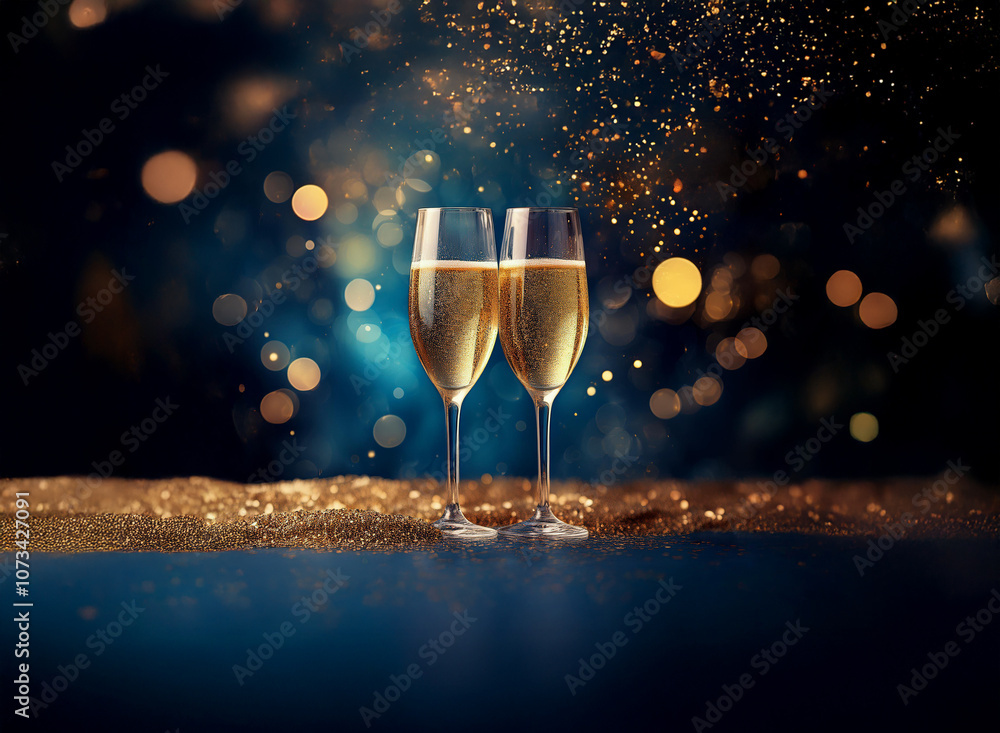 Poster Two champagne flutes filled with bubbly,  sparkling against a dark blue backdrop with bokeh lights and golden glitter.