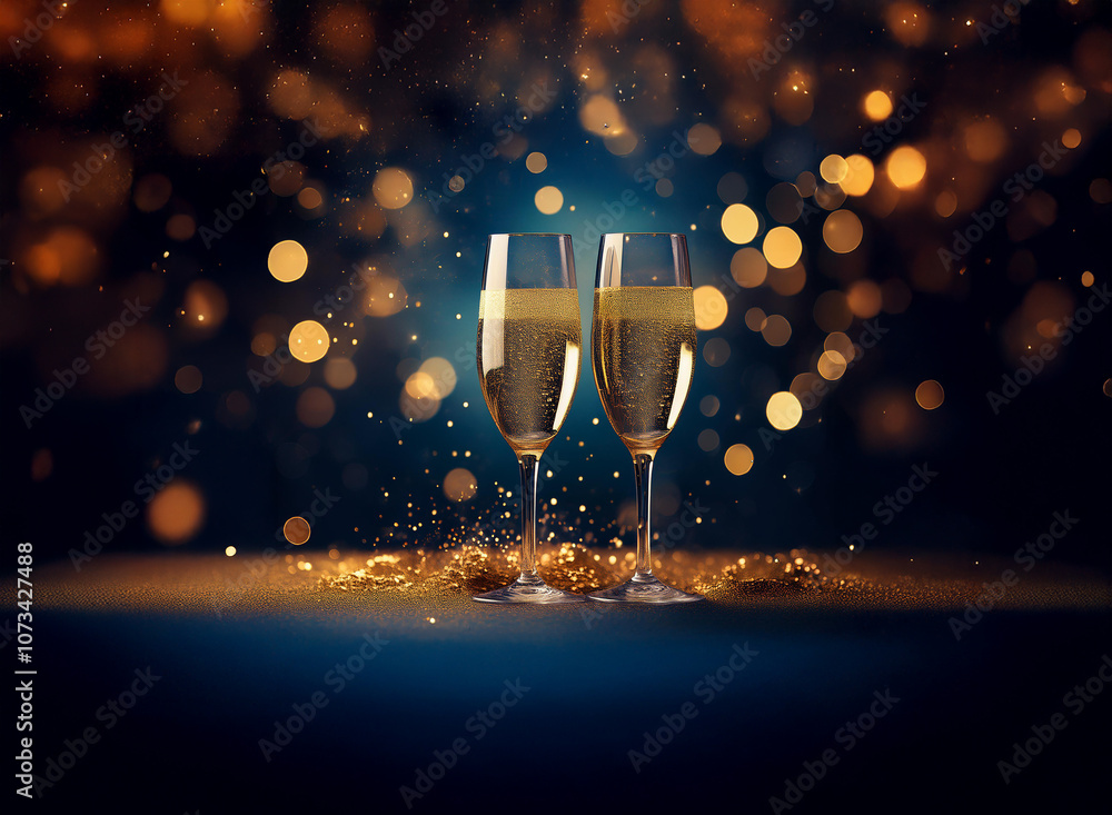 Poster two champagne flutes filled with bubbly stand on a blue surface with gold glitter and a bokeh backgr