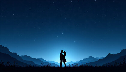 Fototapeta premium A romantic silhouette of a couple sharing a kiss under a starlit sky on a tranquil night amidst distant mountains and a serene landscape
