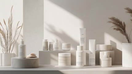 A minimalist skincare display featuring natural, eco-friendly products in simple, elegant packaging, set against a clean, neutral background