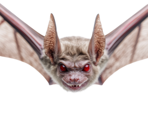A bat with red eyes and a red mouth is flying in the air. transparent background