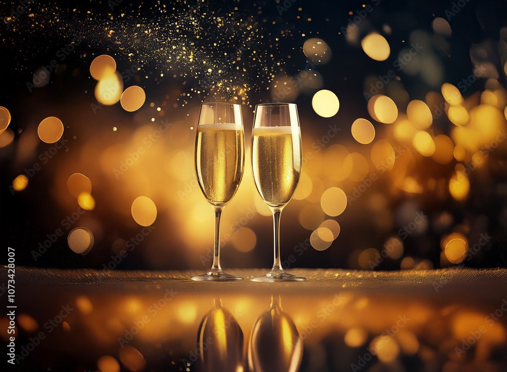 Poster Two champagne flutes filled with sparkling wine on a surface reflecting the warm glow of bokeh lights.