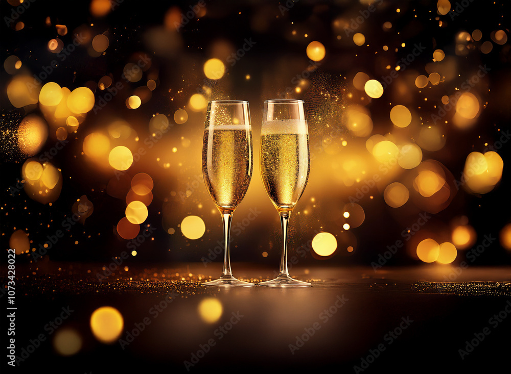Poster two champagne flutes filled with sparkling wine sit on a dark surface, with a background of golden b