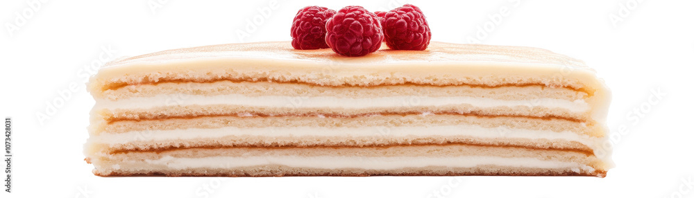 Poster a slice of cake with a raspberry on top. transparent background