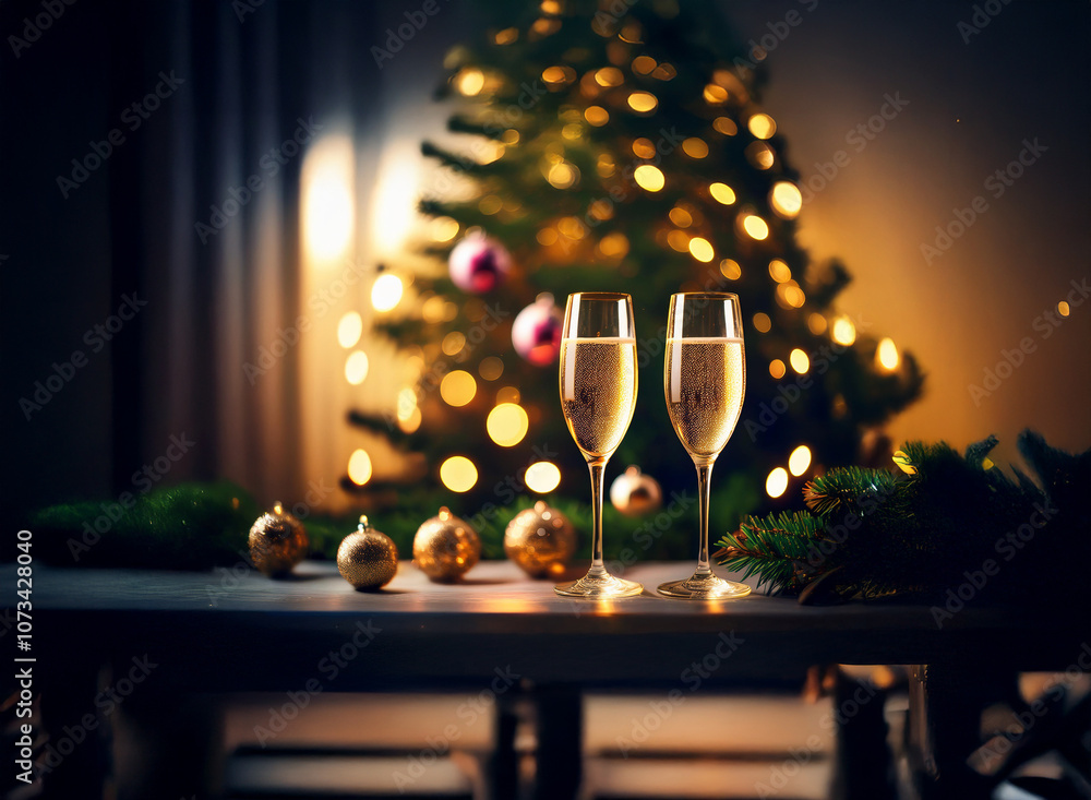 Poster Two glasses of champagne sit on a table in front of a Christmas tree, glowing with lights.