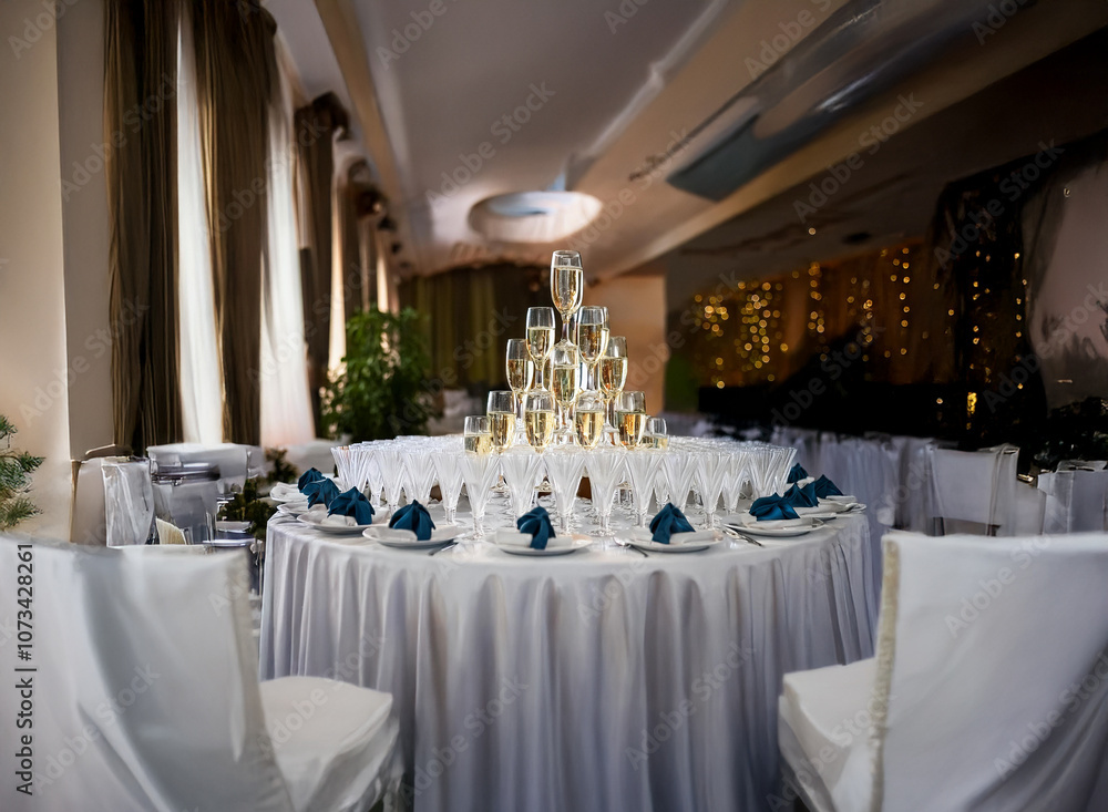 Poster a circular table with white tablecloth and chairs is set for a formal event with blue napkins, plate