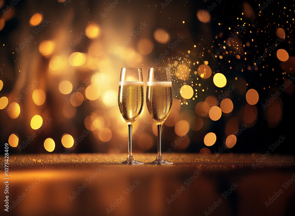 Poster two champagne flutes filled with bubbly stand on a table with a blurred background of golden lights.