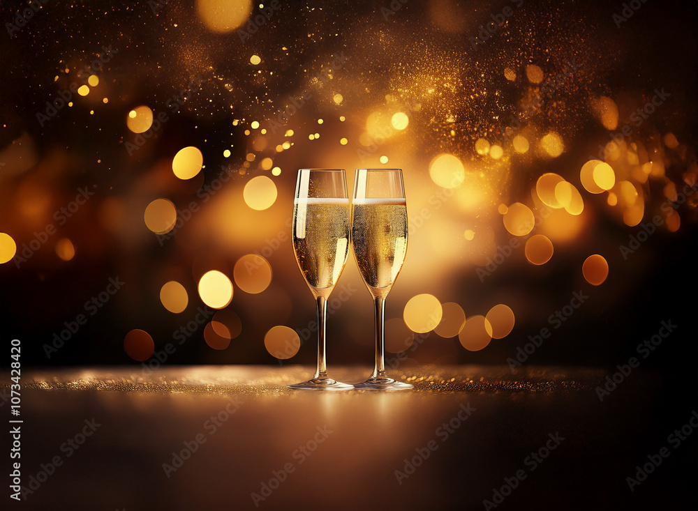Poster two champagne flutes filled with sparkling champagne are set against a backdrop of blurred golden li
