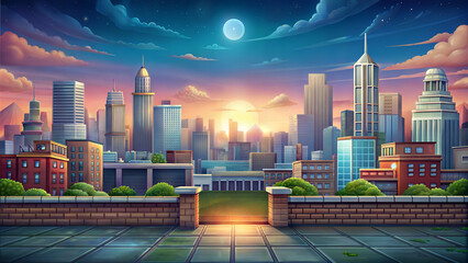 Cartoon cityscape with a large moon in the sky, set at sunset with clouds filling the sky, creating a serene and peaceful atmosphere. Background for the game.