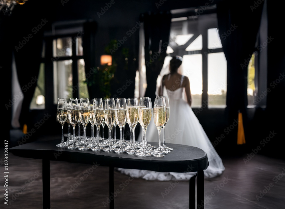 Poster a bride in a white dress stands in the background while a row of champagne flutes sits on a table in