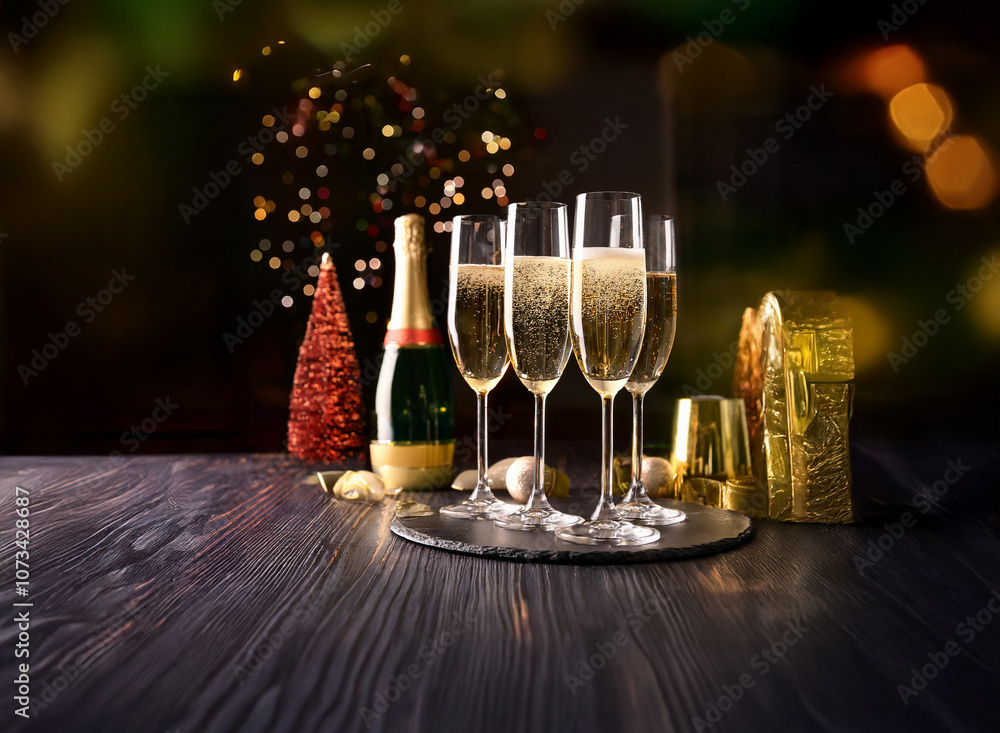 Poster A bottle of champagne and four glasses filled with sparkling wine rest on a slate serving tray against a festive backdrop.