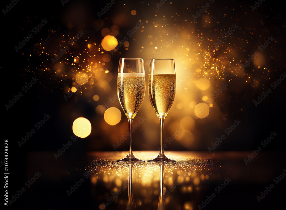 Poster two champagne flutes filled with bubbly stand side by side, reflecting the sparkling golden bokeh in