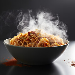 Photo of Italian food, spaghetti served in a delicious bowl. Generative AI