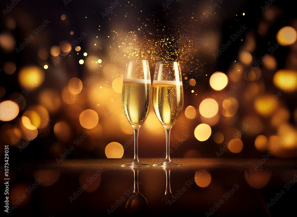 Poster two champagne flutes filled with bubbly, resting on a reflective surface against a sparkling backgro