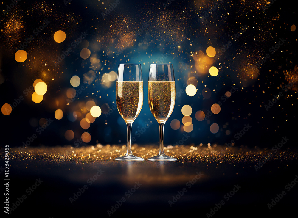 Poster Two champagne flutes filled with sparkling wine sit on a table with golden glitter and bokeh lights in the background.
