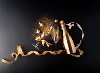 A bottle of champagne, two glasses, and gold ribbon and accents on a black background.