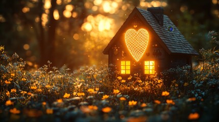 Glowing Heart-Shaped Window of a Cozy Cottage Surrounded by Wildflowers in a Dreamy Meadow During Golden Hour at Sunset