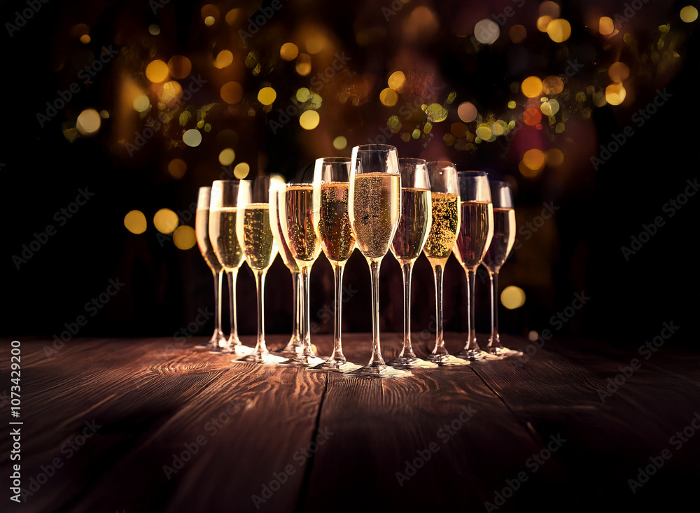Poster A row of champagne flutes sit on a wooden table with a bokeh of warm lights behind them.