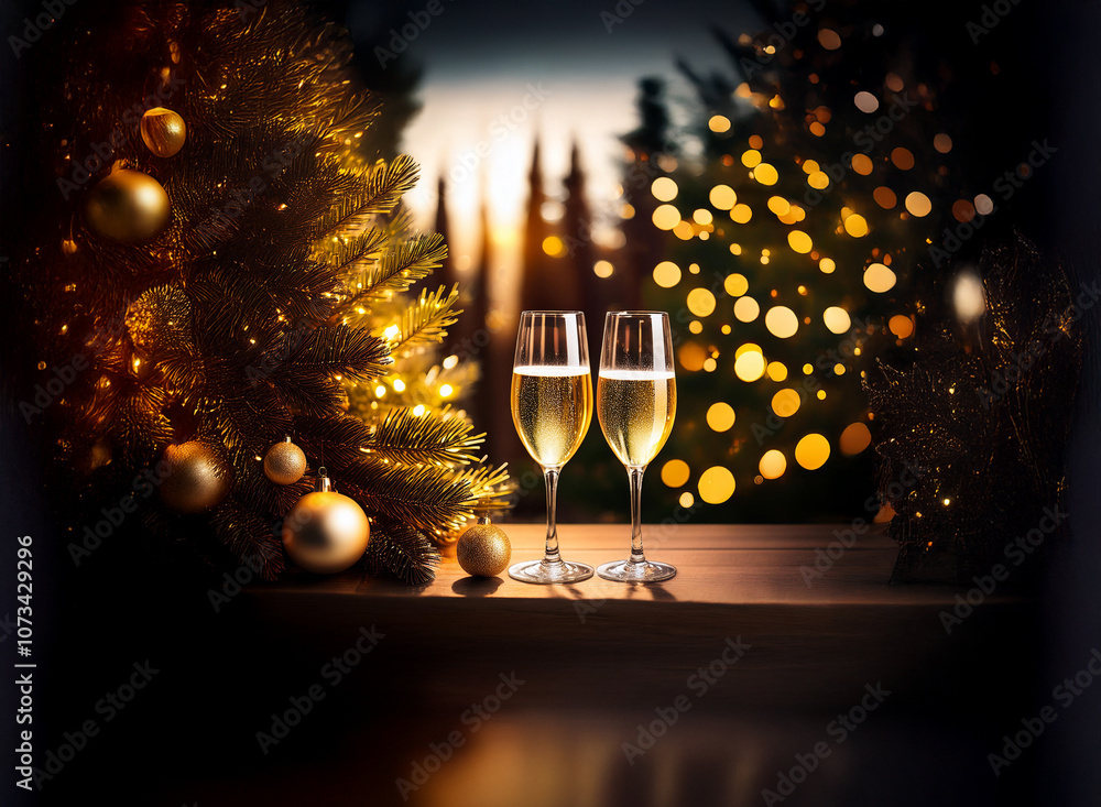 Poster two champagne flutes filled with sparkling wine sit on a wooden table in front of a christmas tree a
