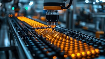 Graphene battery cells being assembled by an automated system in a factory.