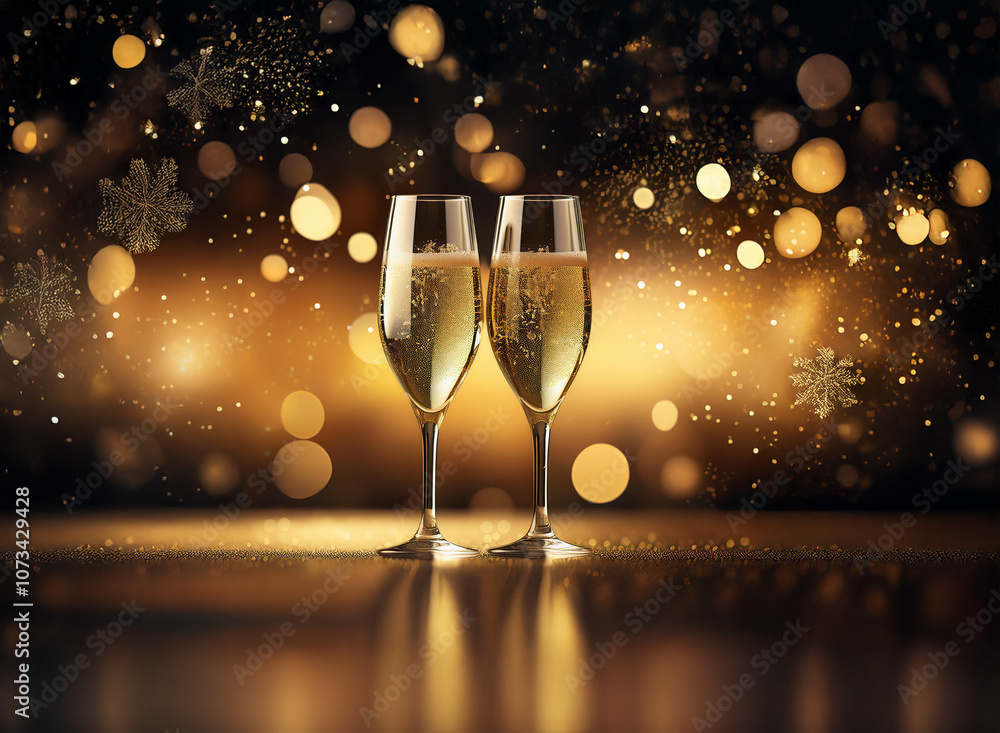 Poster two champagne flutes filled with bubbly stand on a reflective surface in front of a blurred backgrou