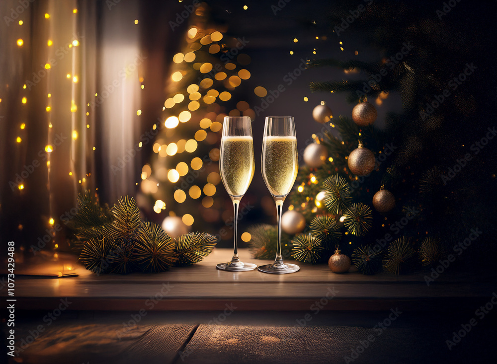 Poster two champagne flutes stand on a wooden surface with a christmas tree and ornaments in the background